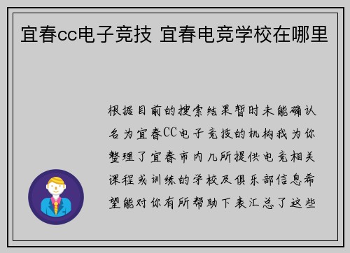 宜春cc电子竞技 宜春电竞学校在哪里